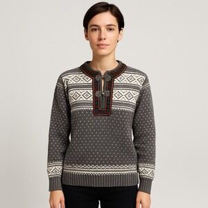 Vintage Fever Norwegian Fair Isle Sweater‎ XS Gray Nordic Clasp Pullover
